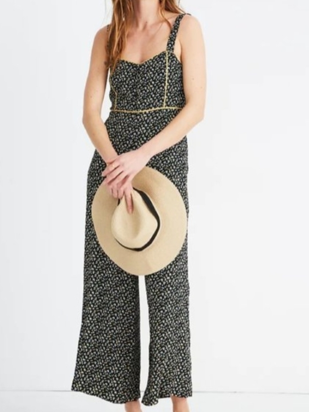 Madewell Black Floral Wide-Leg Jumpsuit with Cream Trim